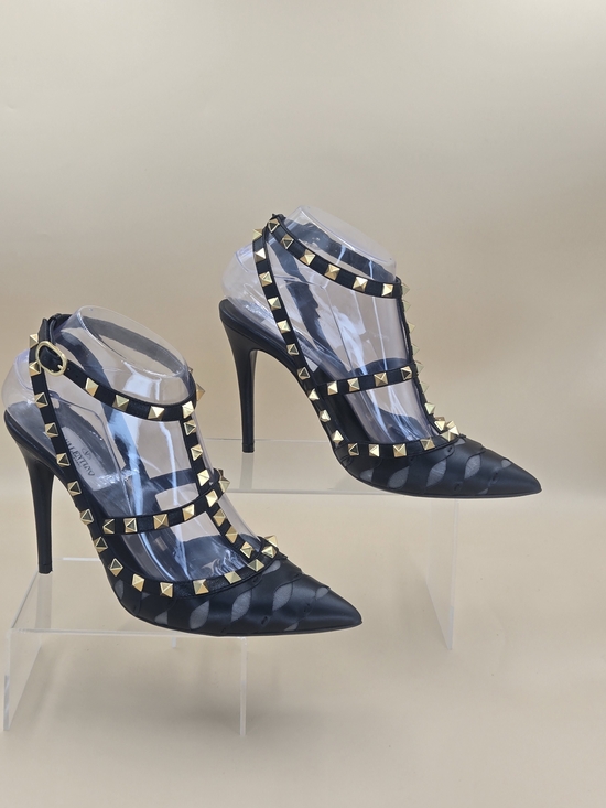 Valentino Garavani Shoes - Valentino Garavani Rockstud Cutout Black Leather T-Strap Stilettos Size 6.5